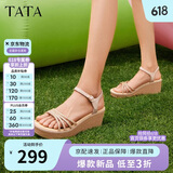 他她（TATA）绝美坡跟凉鞋女度假一字带时装凉鞋夏季7MY14BL4 金色 39