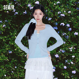森马（Semir）陈都灵|长袖t恤女夏2026新款短款修身开衫蕾丝木耳边纽扣纯棉上衣