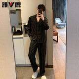 雅鹿冰丝睡衣男春秋夏天家居服男士仿真丝条纹秋季男生四季款套装 NSMLZ-2242-黑色【主推款】 XL 男【125-145斤】