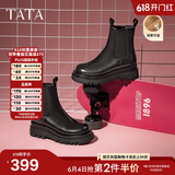 他她（TATA）英伦风切尔西靴女显瘦加绒厚底烟筒靴时装靴冬新GXB01DD4 黑色（单里） 38