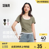 森马（Semir）短袖t恤女短款假两件百搭上衣25夏装显瘦U领套头衫109325100015