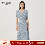 深呼吸DEEP BREATH女装V领中长高腰泡泡袖收腰碎花连衣裙A500197 蓝-花 S (2)