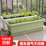 塑料花盆加大特大号 阳台仿陶瓷苗木盆景育苗盆长方形养花种菜盆 绿色-种菜盆带托 590#长58.5cm宽20.5cm高14.5cm
