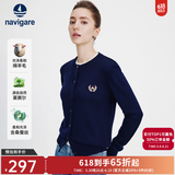 Navigare意大利小帆船圆领针织开衫女士秋冬款长袖休闲外套气质内搭毛衣女 海军蓝 L 码