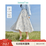 茵曼（INMAN）亚麻吊带植物碎花连衣裙女2026年夏季法式方领泡泡袖蓝色长裙 白底蓝花半身裙-18412674 L