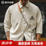 马登工装美式复古长袖衬衫男印第安图腾拼接口袋叠穿纯棉衬衣春季 米白色 2XL