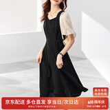 尚都比拉法式连衣裙夏季中长款a字裙泡泡袖系带收腰显瘦裙子 黑色 XL 
