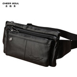 喜枝秀腰包男头层牛皮多功能斜挎胸包薄款隐形包贴身手机腰包休闲运动包 黑色