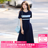 熙世界（sllsky）航海系撞色条纹连衣裙女短袖夏季新款休闲圆领收腰显瘦长裙 学院蓝 L
