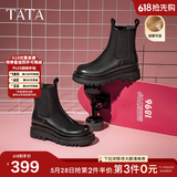 他她（TATA）英伦风切尔西靴女显瘦加绒厚底烟筒靴时装靴冬新GXB01DD4 黑色（单里） 38
