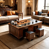 紫桐家居（Z-Tong Furniture）岩板功夫茶几客厅家用带烧水多功能一体嵌入式茶台办公室泡茶桌椅 胡桃色+实木茶盘 (茶具全套） 120*65【不锈钢底部上水】
