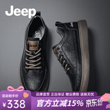 JEEP吉普男鞋夏季新款英伦风透气商务休闲皮鞋男简版百搭软底板鞋子男 黑色(皮鞋码) 39