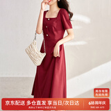尚都比拉短袖连衣裙女夏季复古赫本风气质通勤裙子中长款A字裙 红色 M