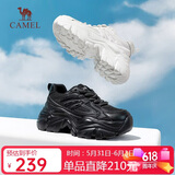 骆驼（CAMEL）老爹鞋女网布皮面拼接双系带厚底休闲鞋 L23S703108W 黑色透网 40