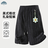 顶峰保罗（Dingfengbaoluo）美式格纹短裤夏季男宽松复古扎染简约五分裤DJS88黑色2XL
