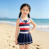佑游儿童游泳衣女孩中大童女童夏游泳馆温泉连衣裙游泳装37242藏蓝3XL