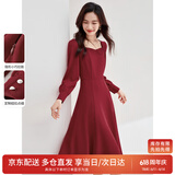 尚都比拉新年红高级感长袖连衣裙女春秋气质方领中长款内搭打底赫本风裙子