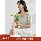 茵曼（INMAN）亚麻吊带植物碎花连衣裙女2026年夏季法式方领泡泡袖蓝色长裙 月蓝连衣裙-18424791 S