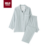 MUJI女式 无侧缝双层纱织 睡衣 家居服套装纯棉女装 蓝色条纹6A XL