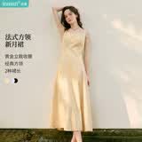 茵曼（INMAN）法式方领收腰显瘦吊带连衣裙女装2026夏季新品裙子 浅黄色 XL