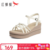 红蜻蜓坡跟凉鞋女夏季厚底水钻一字带凉鞋外穿WTK25015 米色 40