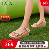 他她（TATA）绝美坡跟凉鞋女度假一字带时装凉鞋夏季7MY14BL4 金色 39