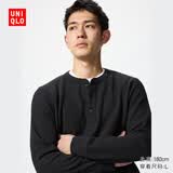 优衣库华夫格亨利领套头衫/长袖男装女装情侣T恤482766 486104 479784/09黑色 2XL