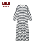 MUJI 女式 粗棉线 天竺编织 立领连衣裙 白色X横条 XS-S