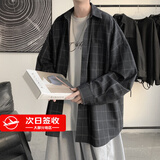 NEW OR MODE复古格子衬衫男韩版潮流ins休闲宽松情侣帅气衣服潮牌衬衣外套男 黑色 L 身高170-175cm体重125-140斤