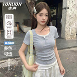 唐狮（TonLion）短袖女士t恤夏季新款假两件高级感正肩修身显瘦短款辣妹风上衣服