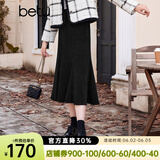 百图betu百图女装冬季新款半身裙复古竖纹肌理鱼尾裙女2311T64 黑色 M