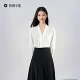 伯德小姐白色衬衫v领职业装女西装内搭上衣正装面试日常通勤雪纺衬衣 L