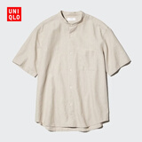 优衣库棉麻条纹立领衬衫/短袖男装女装衬衣482486 31 米色 XL