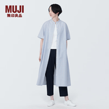MUJI女式 凉感 平纹立领短袖连衣裙 裙子长裙衬衫裙开衫外搭纯棉 蓝色格纹 M (160/84A)
