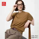 优衣库精纺美利奴羊毛圆领针织衫/短袖女装T恤通勤休闲百搭485306 485306/34驼色 M