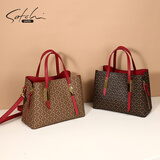 SATCHI沙驰女包复古手提包简约PVC大容量斜挎包多色SU25659-1FR 卡其色/酒红色