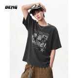 OEMG 美式复古华夫格短袖男款夏季宽松做旧cleanfit印花高级感t恤上衣 黑色 【高品质】 XL 体重130-145斤