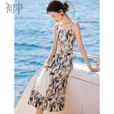 初申夏季短袖连衣裙女撞色碎花气质时尚海滩度假吊带长裙S141Q1110