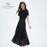 卓凡尼·华伦天奴（GIOVANNI VALENTINO）夏季新品短袖连衣裙收腰圆领蕾丝气质A字裙 黑色 M