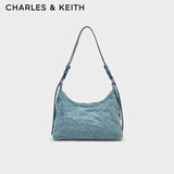 CHARLES&KEITH褶皱仿油蜡皮手提单肩腋下包女生日礼物送女友CK2-40271360 CK2-40271360-1深牛仔蓝色 M