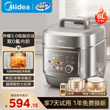 美的（Midea）低脂电压力锅 0涂层精钢内胆5/6升 家用沥油低脂浓香双胆智能预约中途开盖彩屏高压锅电饭锅电压锅 6L 【低脂凝鲜】双0氟内胆丨快压浓香双选