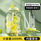 恩尔美（nRMEi）运动水杯超大容量耐高温tritan吨桶吨茶水分离夏男女健身大肚水壶 【双饮+茶仓+提绳】绿色2600ml 耐高温tritan/升级茶仓/带刻度