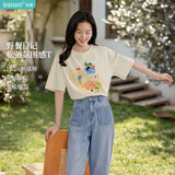 茵曼休闲印花纯棉T恤2026夏季女装百搭宽松短袖t恤上衣 浅杏色 M