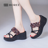 宝人（Boree）拖鞋女夏季高跟碎花布松糕厚底坡跟一字拖时尚外穿防滑沙滩凉拖鞋 黑色 37