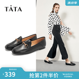 他她（TATA）方头乐福鞋女休闲平底一脚蹬小皮鞋女单鞋春秋款FLC22AM5 黑色 38