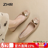 ZHR女鞋浅口单鞋女春秋粗跟通勤妈妈皮鞋2026新款船鞋女AH378杏色36