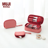 MUJI 再生聚酯纤维化妆包 居家 旅行 化妆品收纳 便携洗漱包 平型 红色格纹