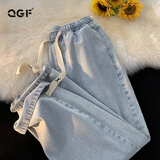 QGF夏季新款牛仔裤女小个子高腰显瘦裤子宽松休闲学生直筒潮流阔腿裤 浅蓝色 M
