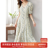尚都比拉夏季法式碎花连衣裙泡泡袖茶歇裙气质女神范裙子 杏底蓝花 S 