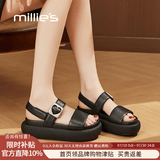 妙丽（Millies）羊皮罗马凉鞋女夏2026新款松糕厚底百搭外穿轻便露趾休闲一字凉鞋 黑色 跟高6cm 38